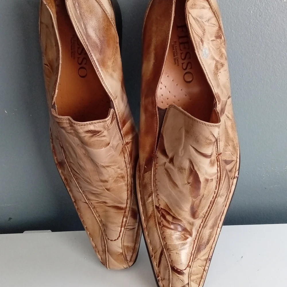 Fiesso by Aurelio Garcia Tan Textured Leather Pointed Toe Slip On‎ Loafers Mens
